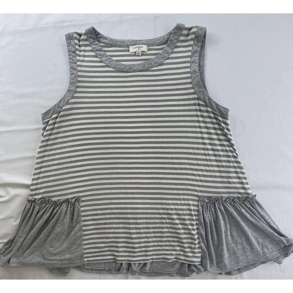 Umgee Womens Gray White Striped Round Neck Sleeveless Tank Top Shirt Size M